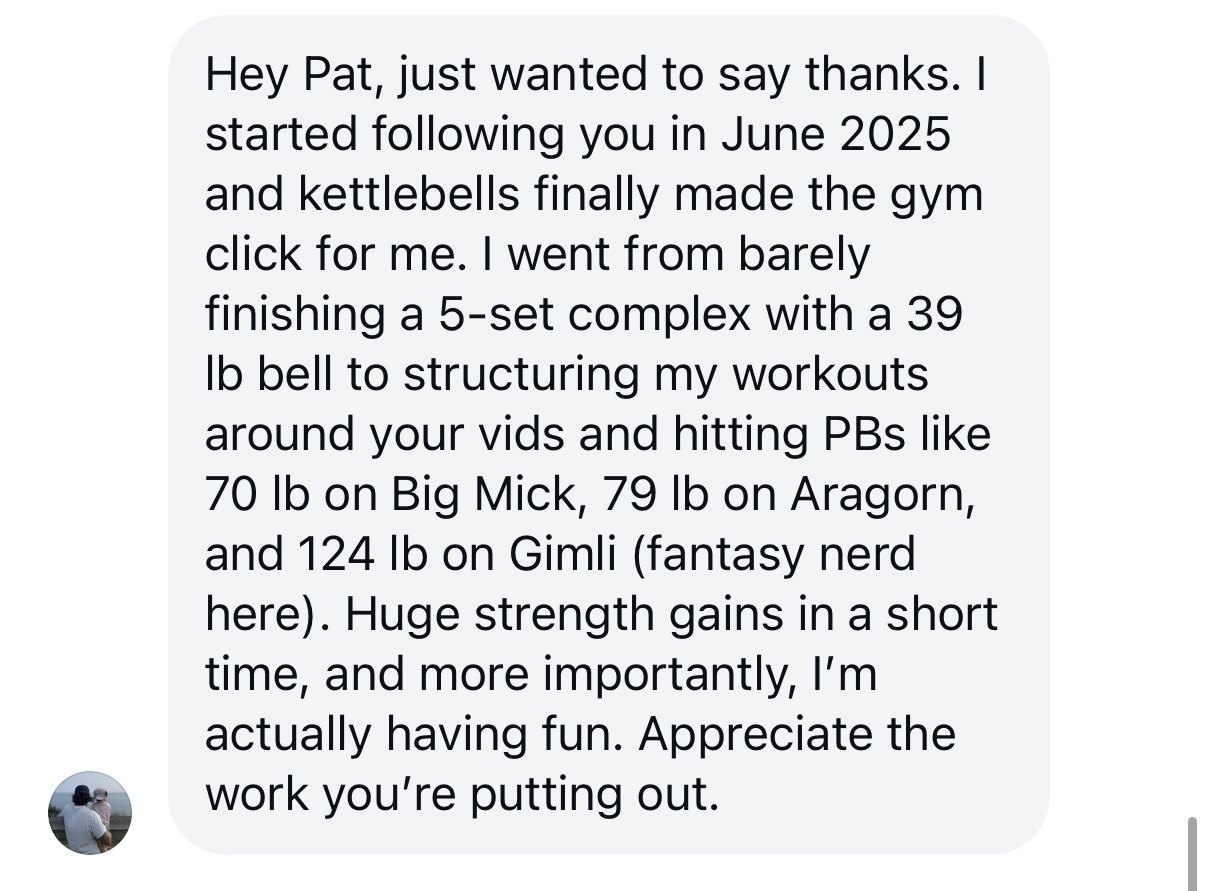 Testimonial mentioning kettlebell PRs of 70, 79, and 124 lb on signature complexes