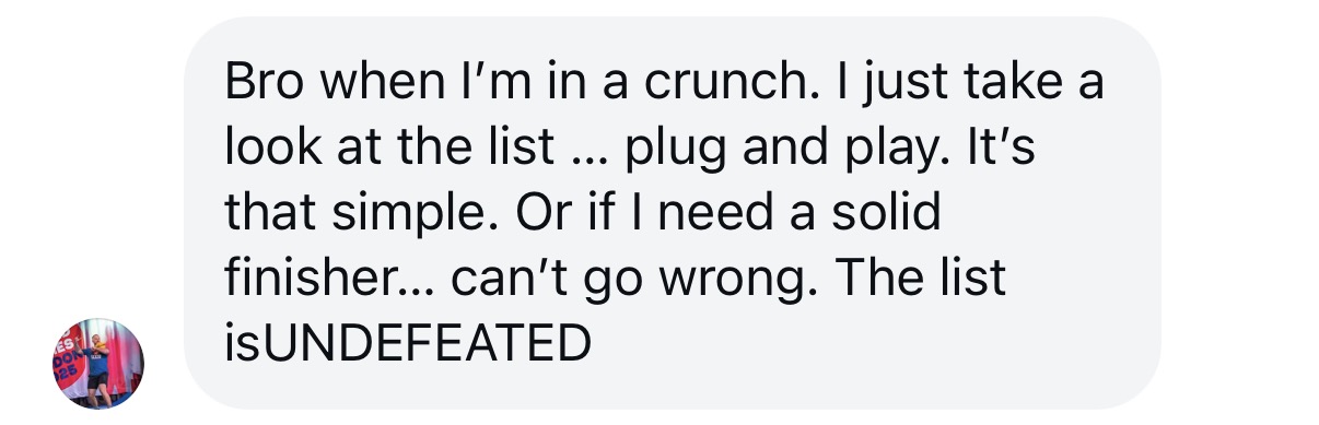 Testimonial calling the complex list UNDEFEATED